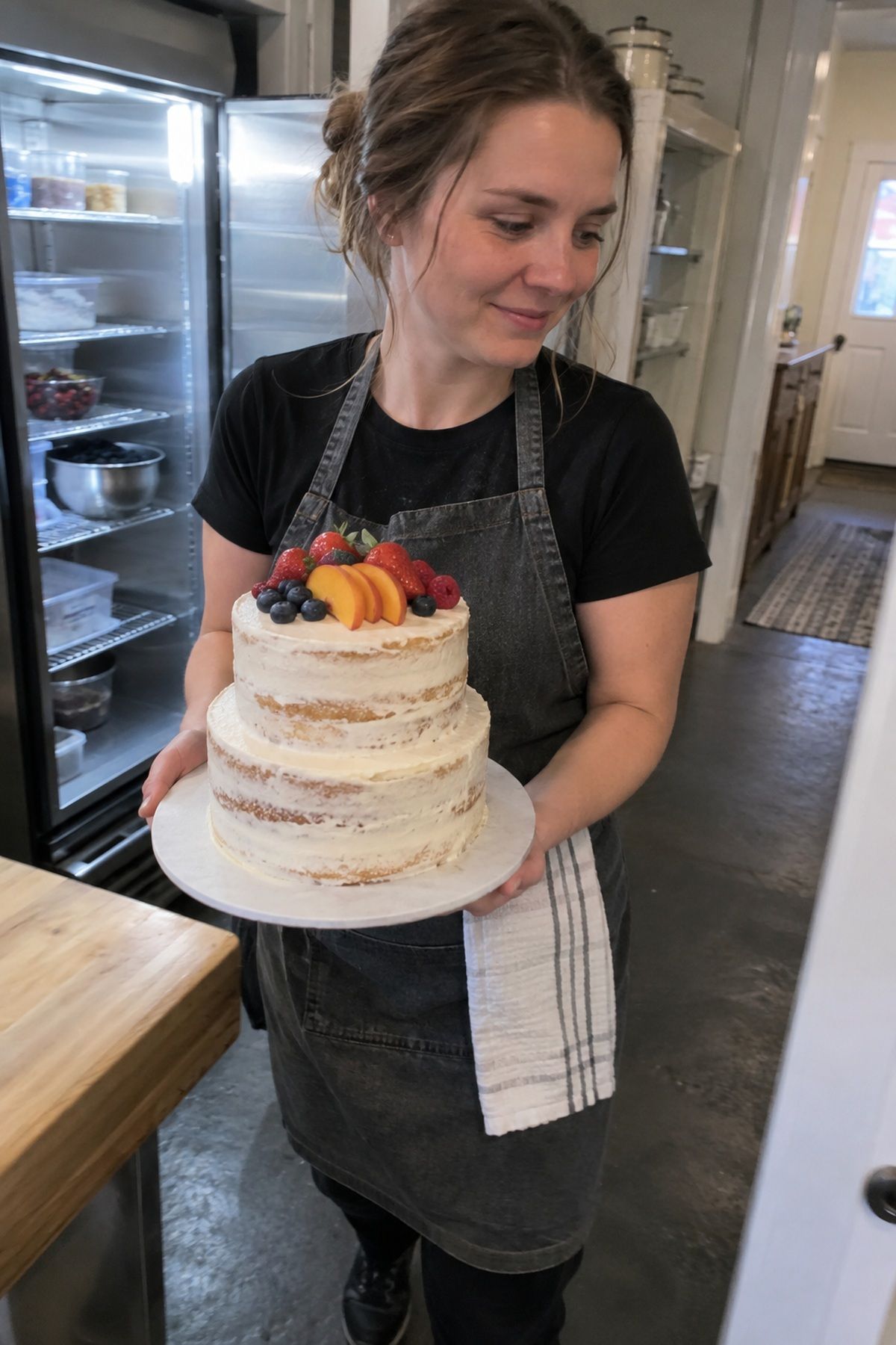 A baker carries a small semi-naked wedding cake topped with fresh berries and peaches.