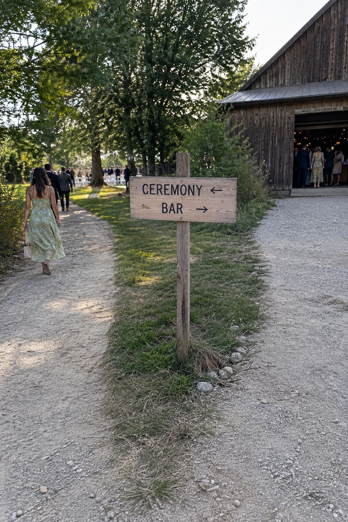 A simple rustic sign points guests left to the ceremony and right to the bar.