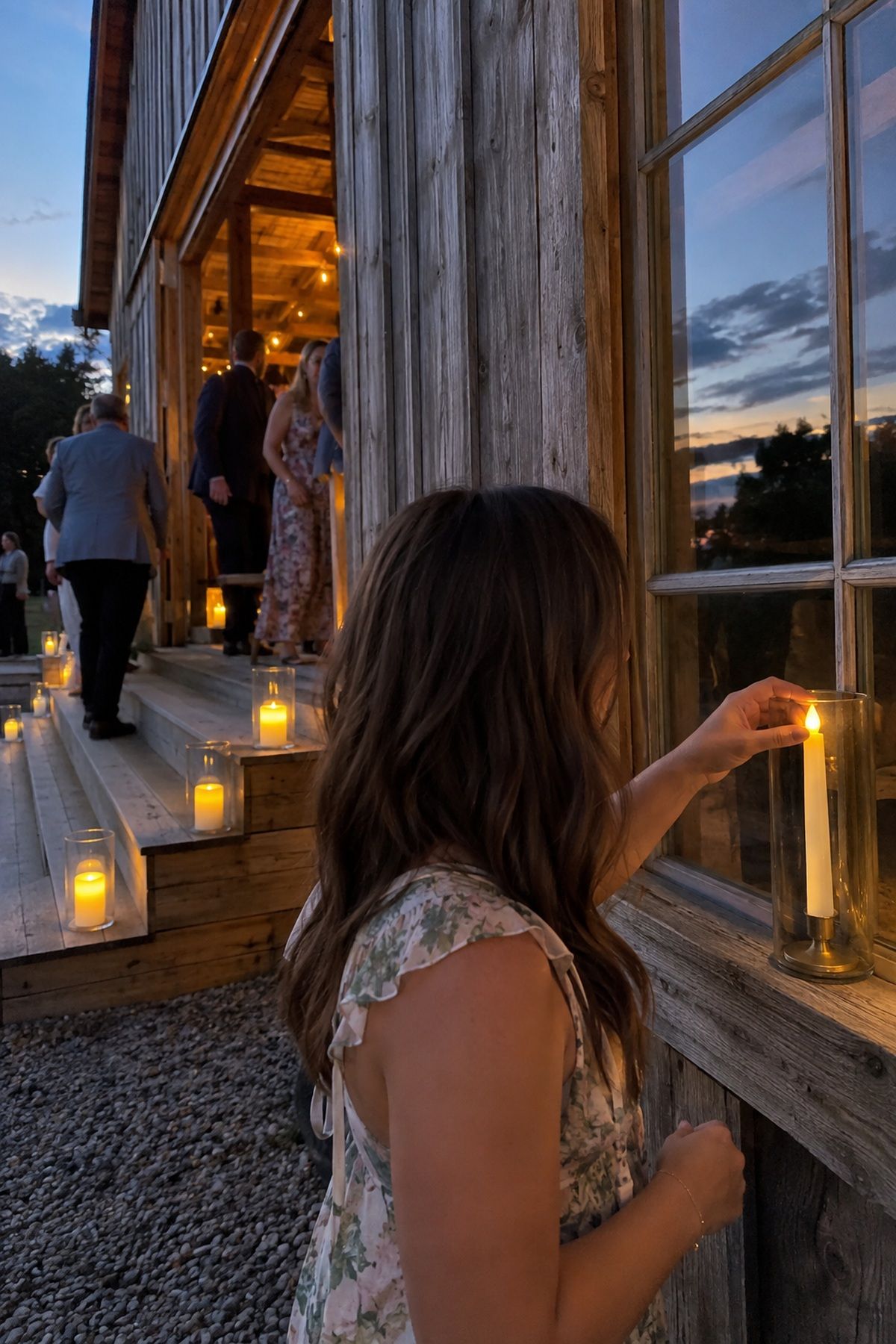 A wedding guest switches on warm flameless LED candles outside a rustic barn at dusk.