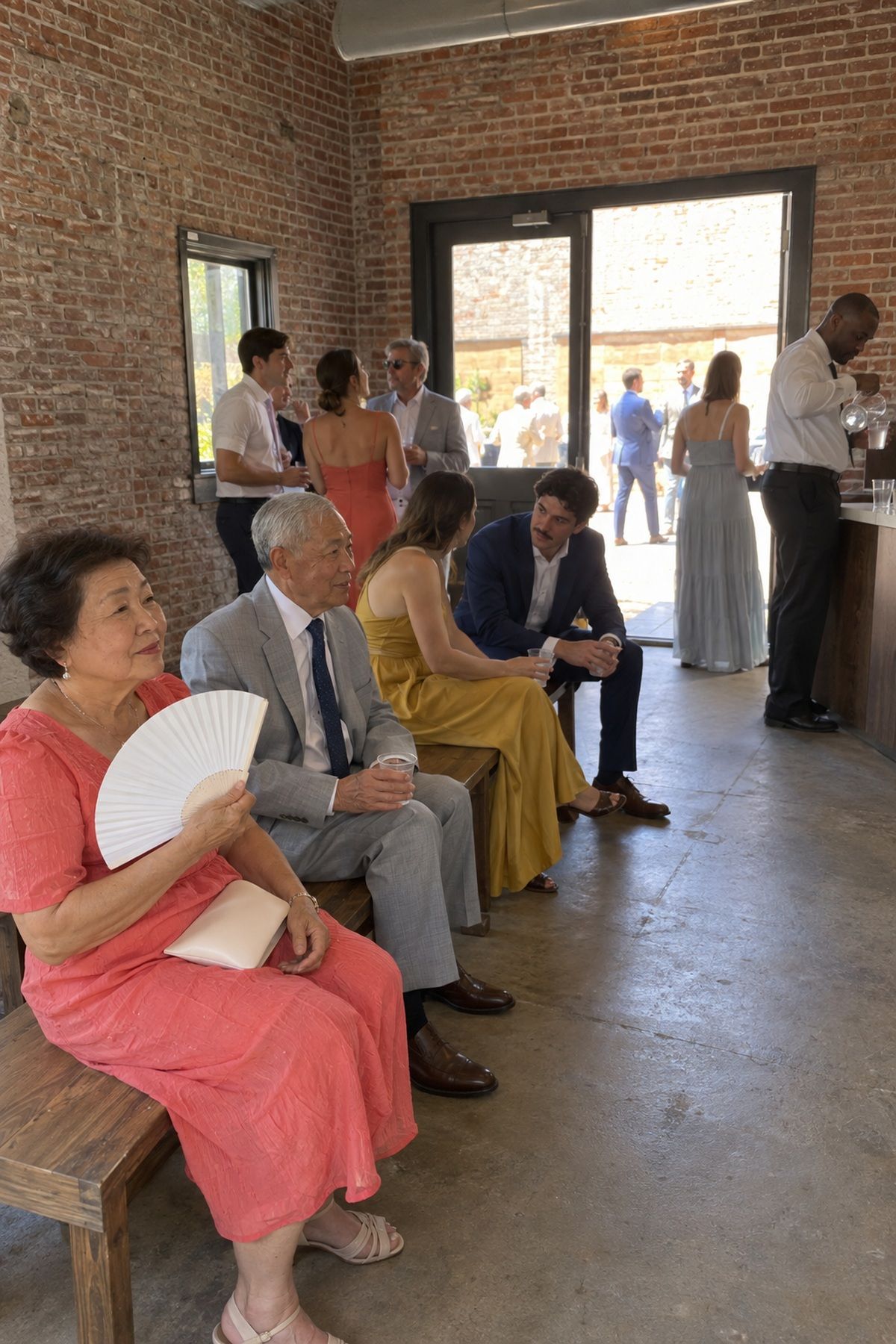 Wedding guests cool down in an air-conditioned brick room between ceremony and dinner.