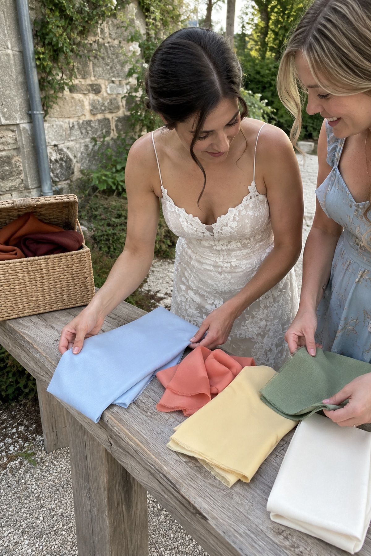 A bride compares pale blue, coral, yellow, ivory, and green fabrics for a fresh summer palette.