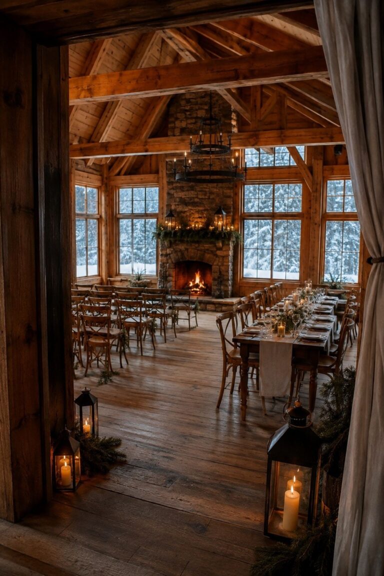 Heated rustic winter wedding lodge with snowy windows and warm ceremony seating