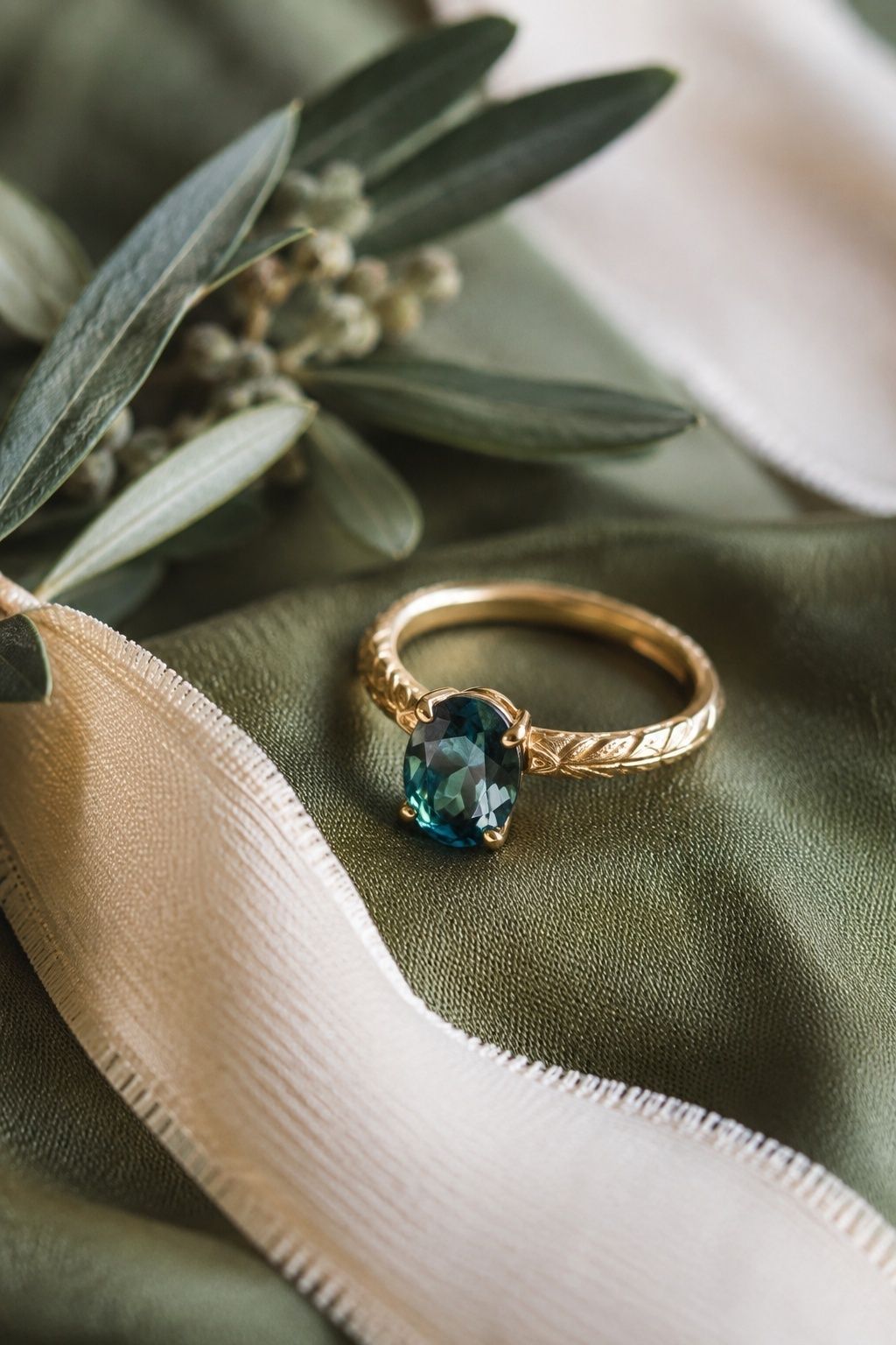 Teal sapphire set in yellow gold