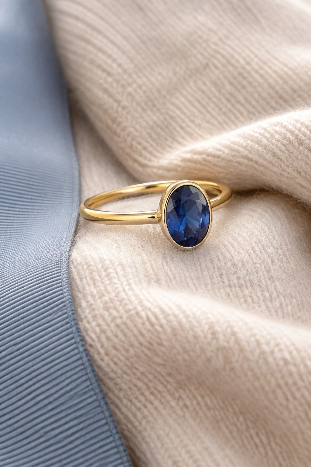 Sapphire solitaire in a gold bezel setting