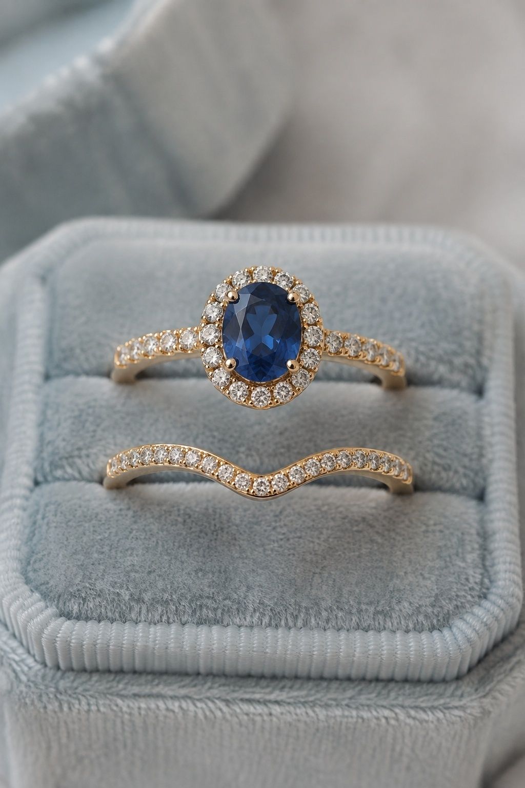 Sapphire ring paired with a contoured wedding band