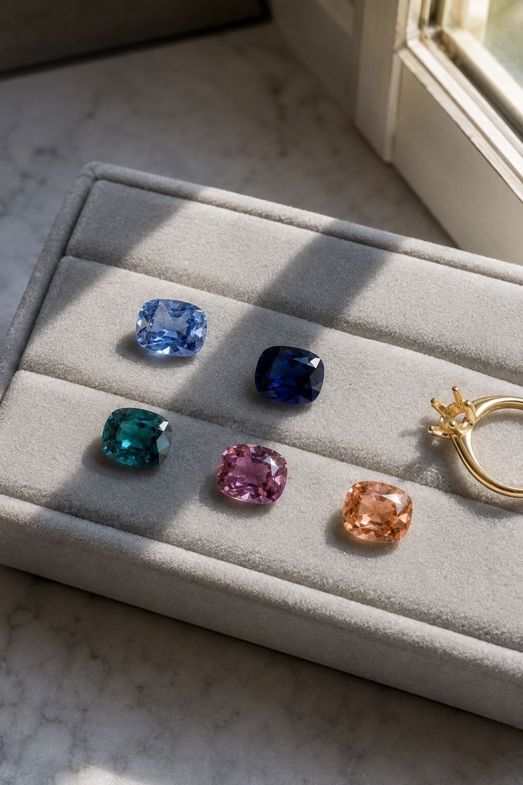 Sapphire ring photographed in natural light to show hue and saturation