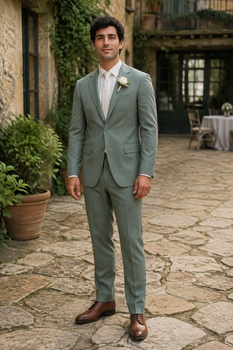 Groom in a tailored sea green suit with an ivory shirt and brown shoes in a courtyard.