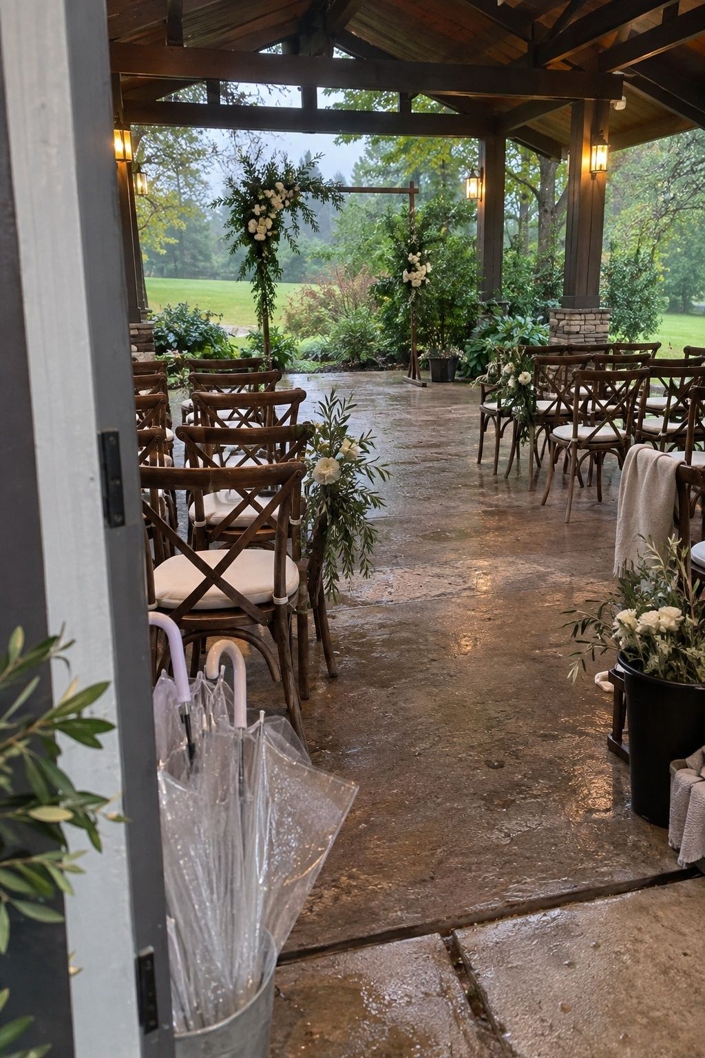 Beautiful covered pavilion rain plan for a small September garden wedding