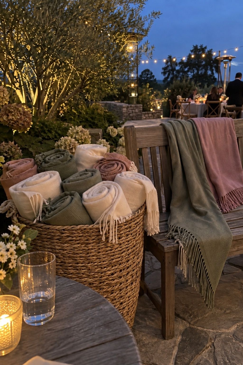 Guest pashmina wrap basket beside an intimate September wedding dinner at dusk