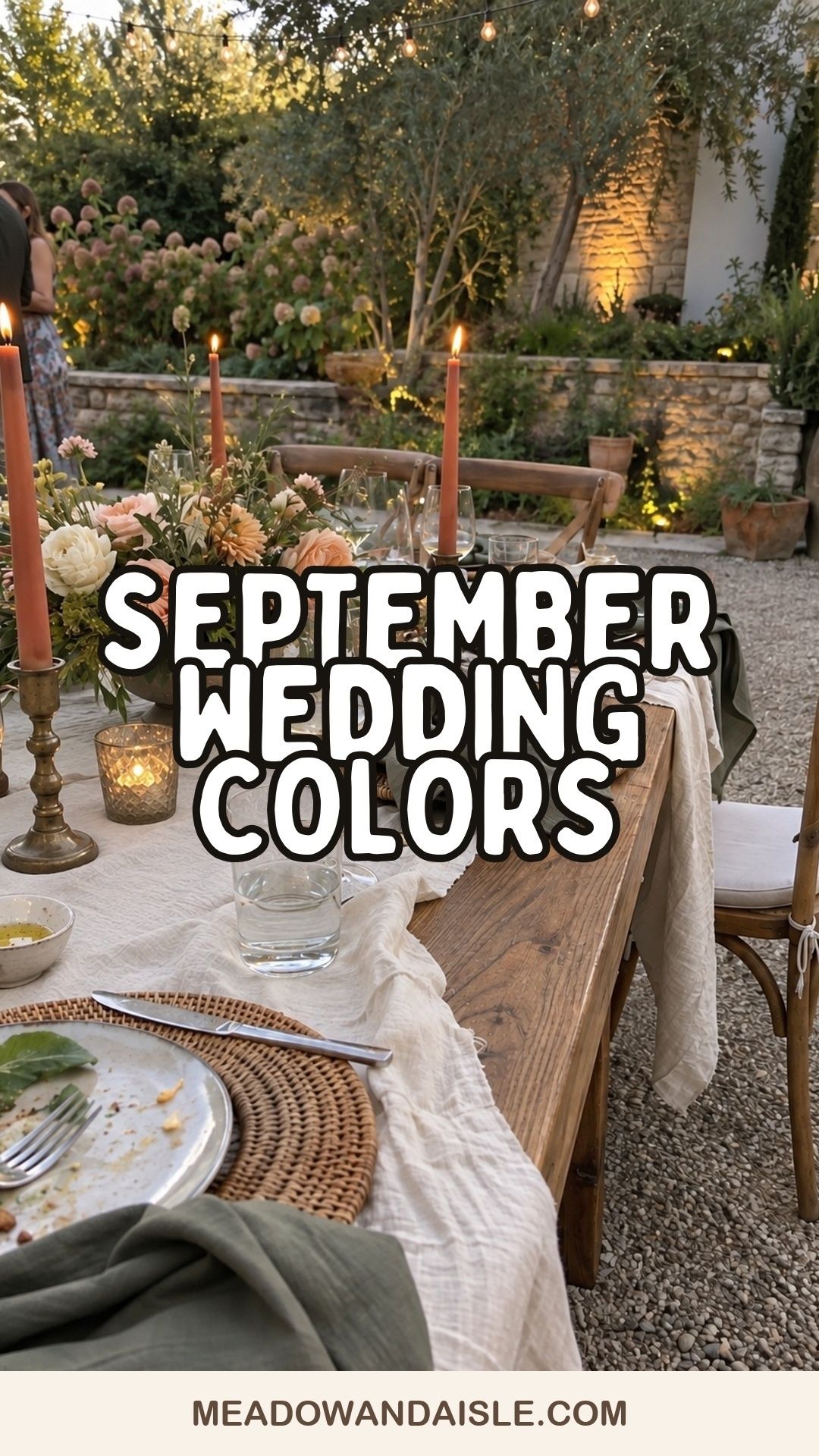 Pinterest pin for September wedding colors with sage, terracotta, warm linen, and romantic intimate-wedding details.