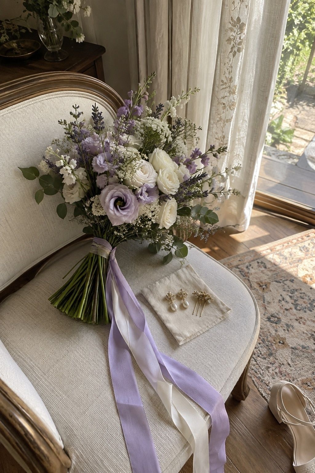 Lavender, warm ivory and gold wedding colors
