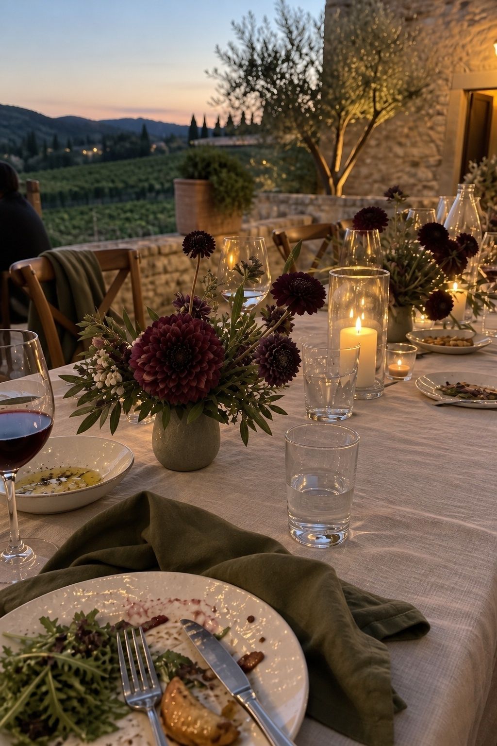 Plum, olive and linen palette with a romantic feel