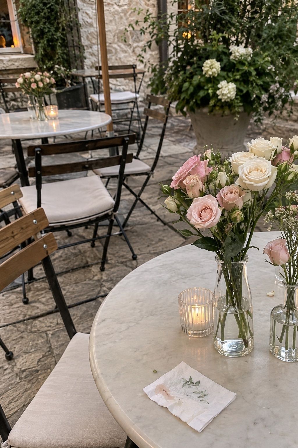 Spray roses in bud vases on a small table