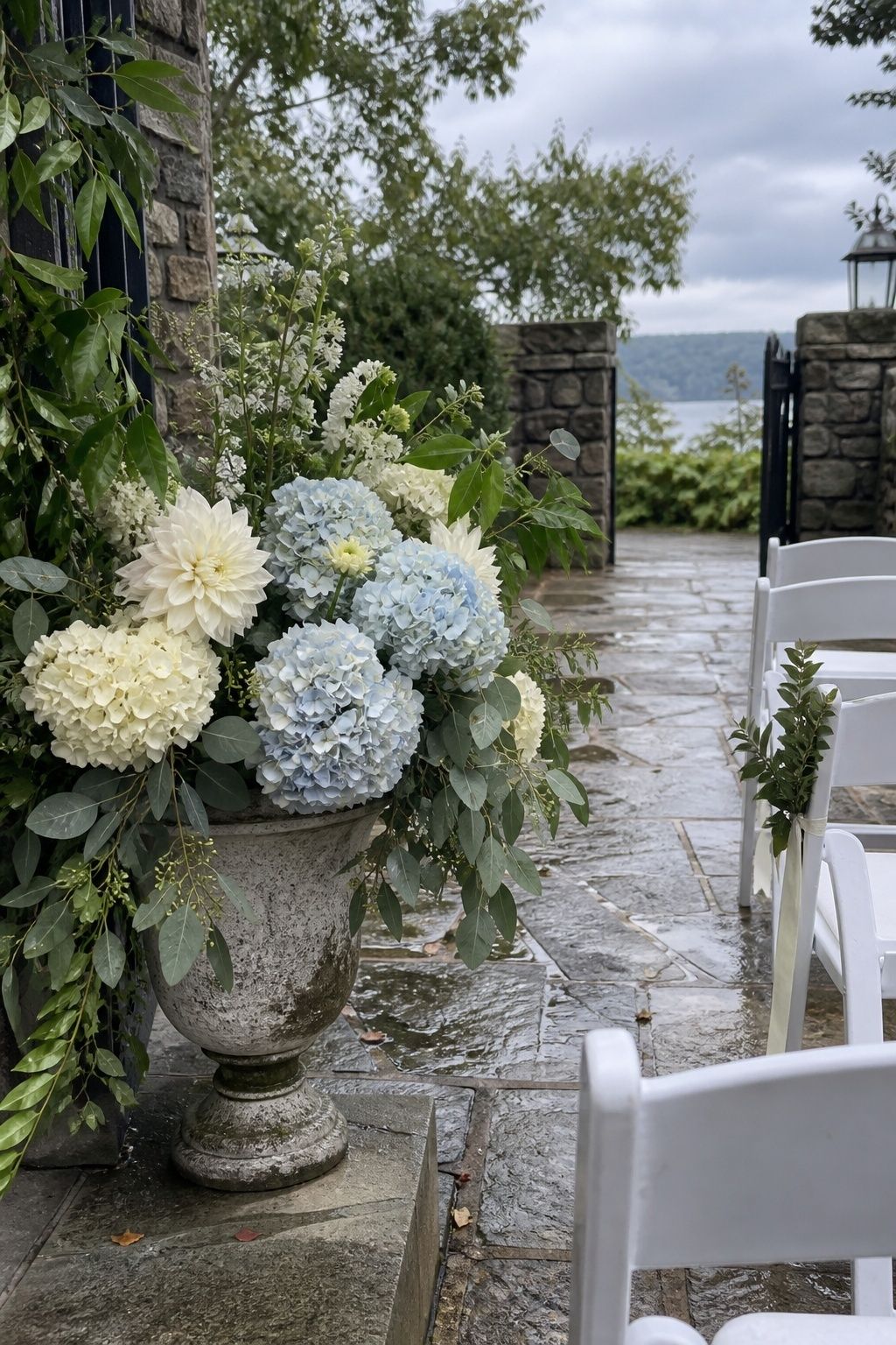Hydrangeas adding volume in a cool setting
