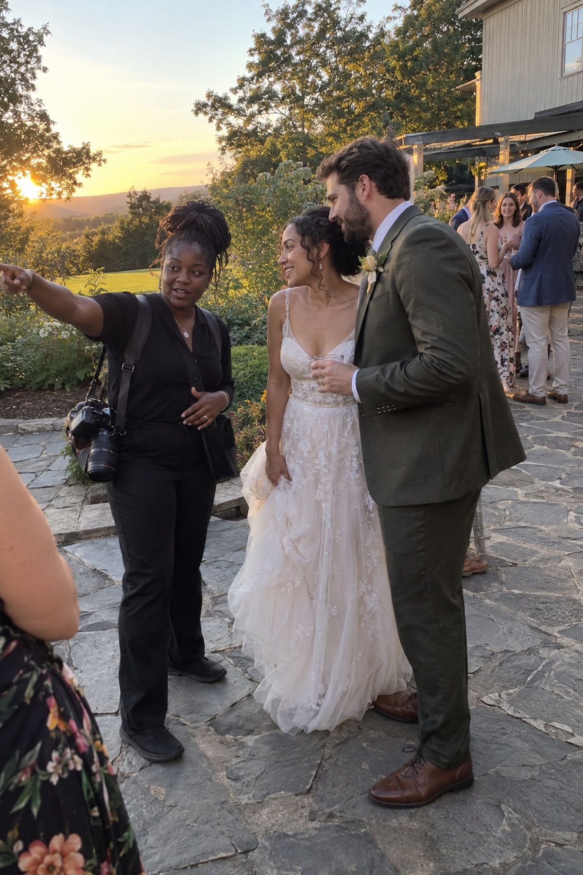 A photographer and newlyweds plan a nearby September portrait session before sunset.
