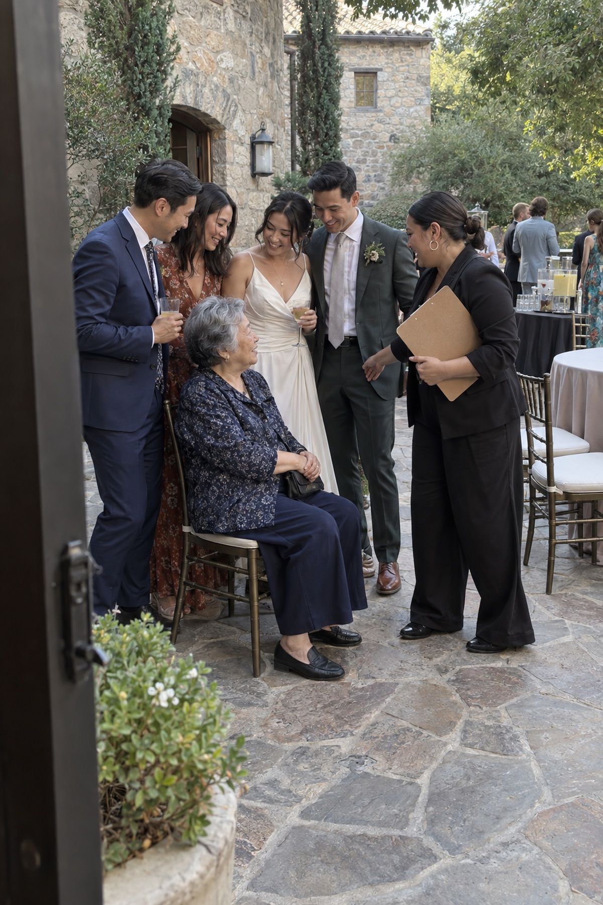 A coordinator gathers close family around a seated elder for quick nearby wedding portraits.