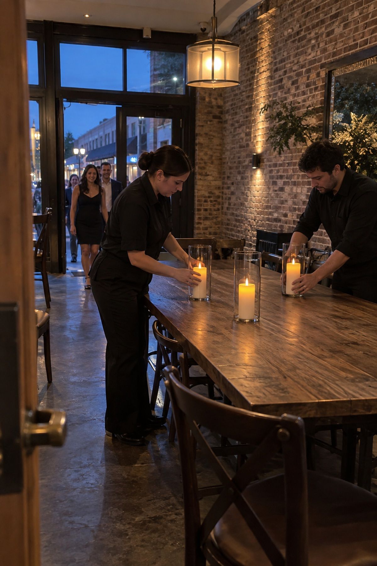 Restaurant staff prepare enclosed flameless candles before a September wedding reception begins.