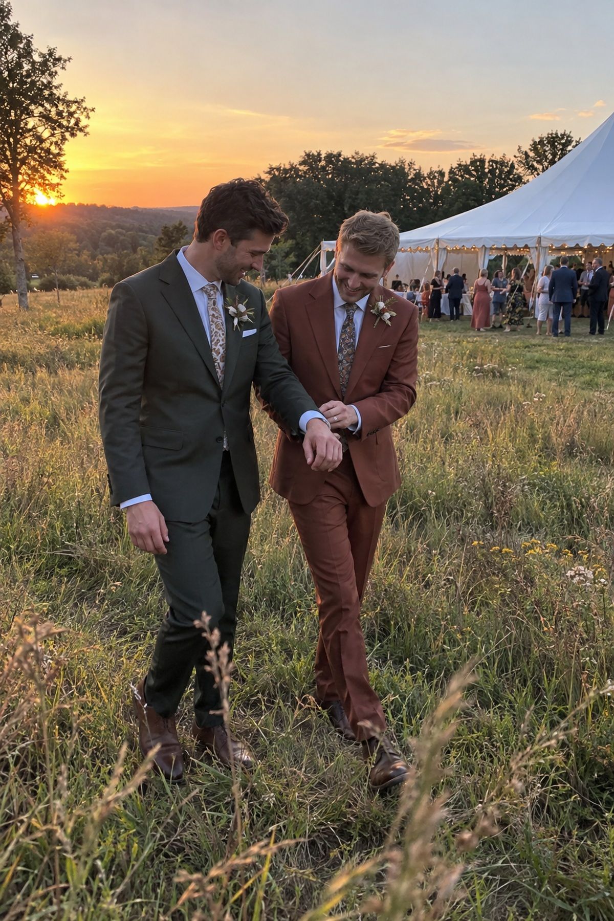 Two grooms walk through golden light near their September wedding reception.