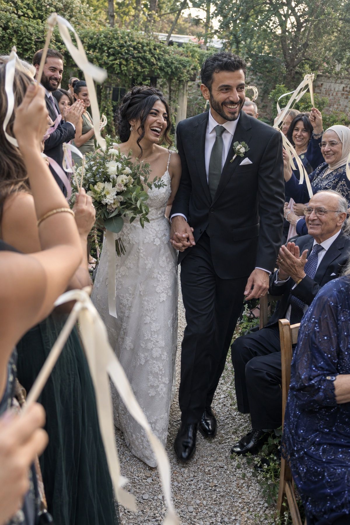 Guests cheer close to a newlywed couple during a joyful September ceremony exit.
