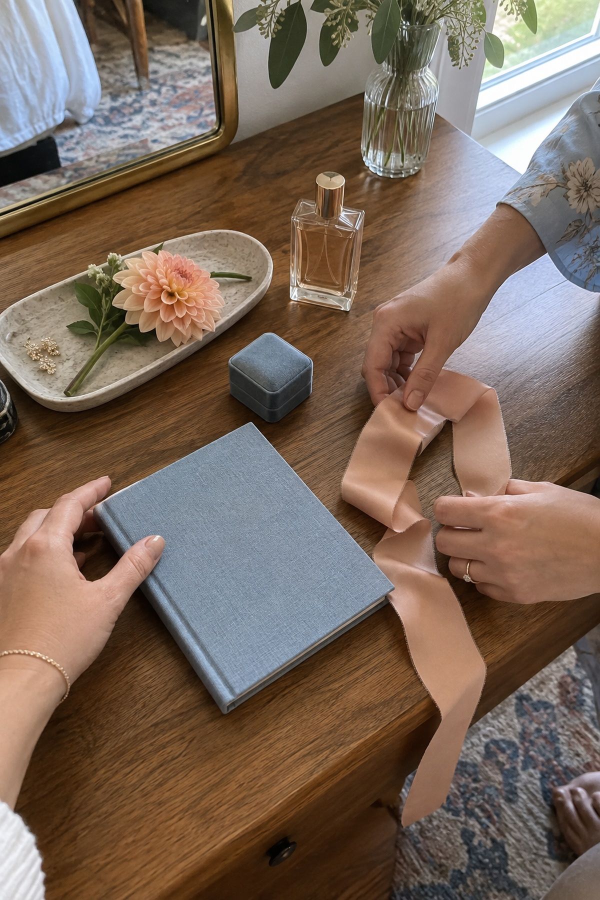 Friends gather dusty blue and peach wedding details on a dry desk before photos.