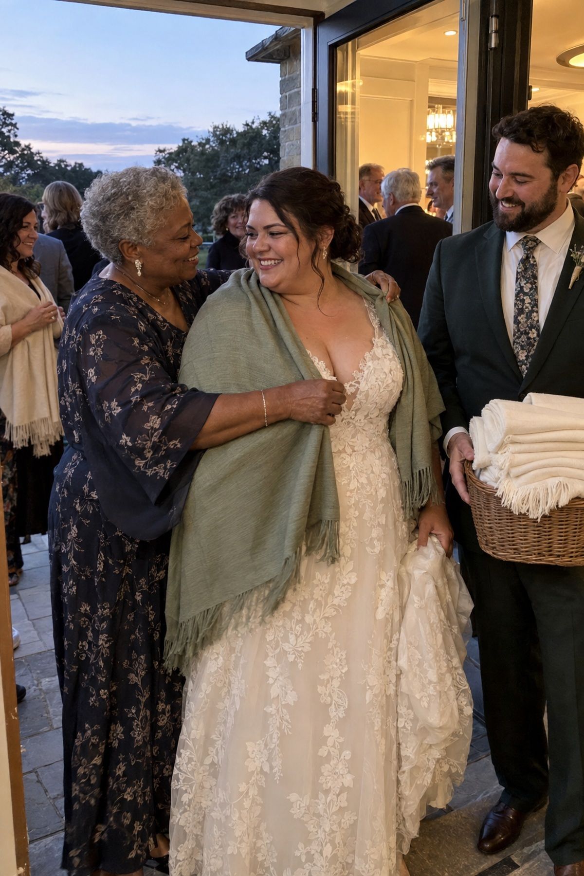 A bride receives a warm sage wrap at a cool September wedding reception.