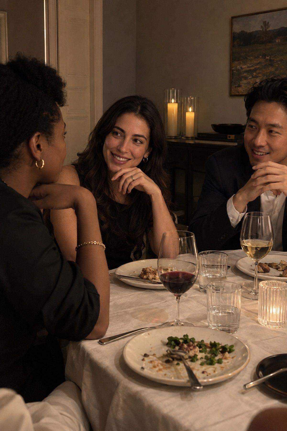 Wedding guests talk at a September dinner with safely enclosed candlelight behind them.