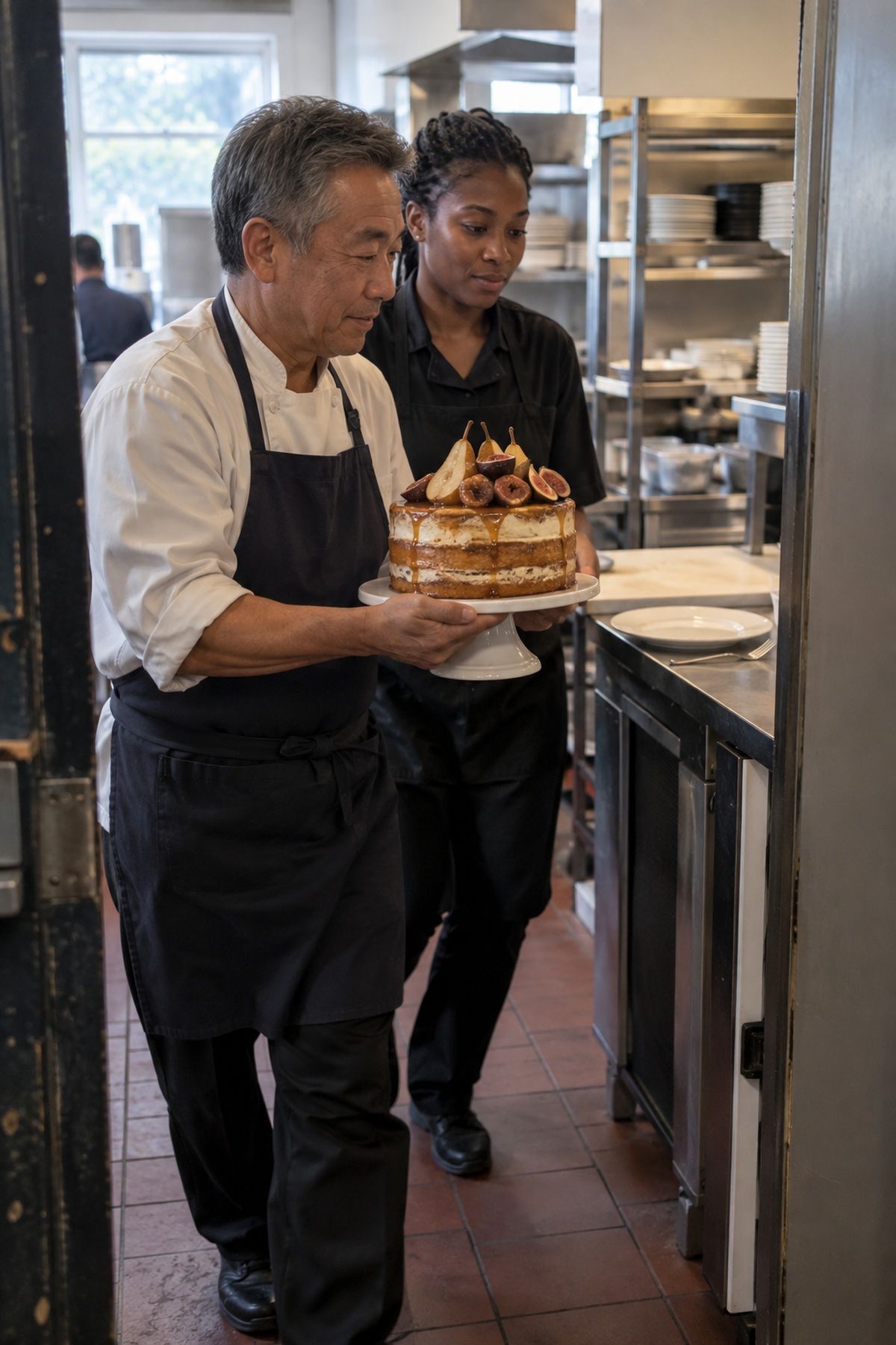 Caterers carry a pear-and-fig cake before a September wedding dessert service.