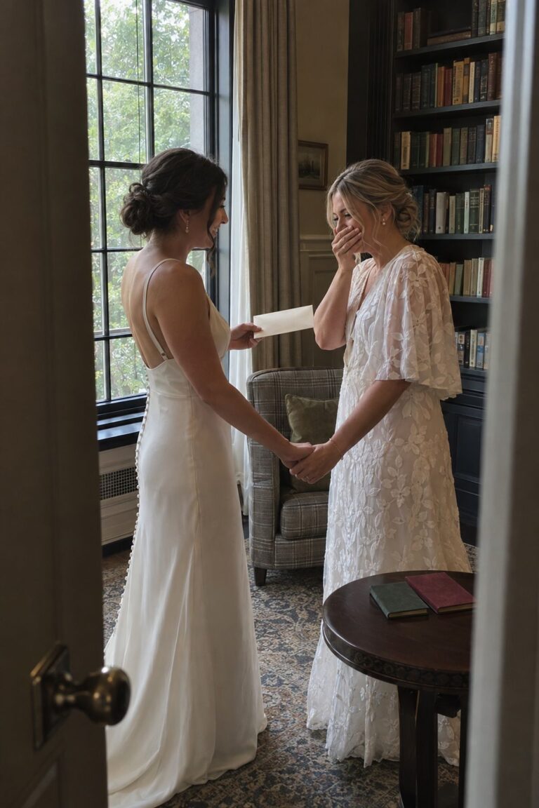 Two brides exchange a private letter beside a window before their wedding ceremony.