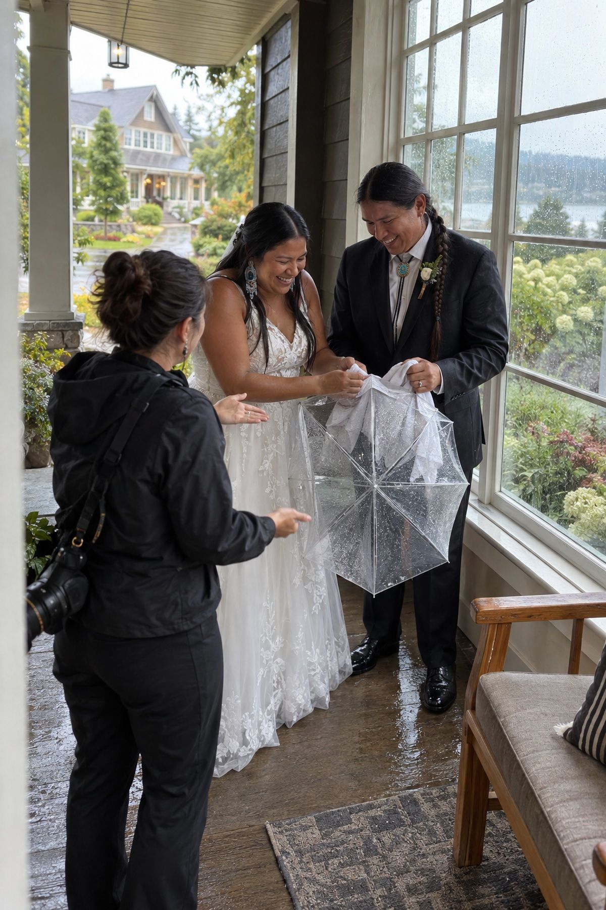 A couple prepares for window-lit wedding portraits during a September rain shower.