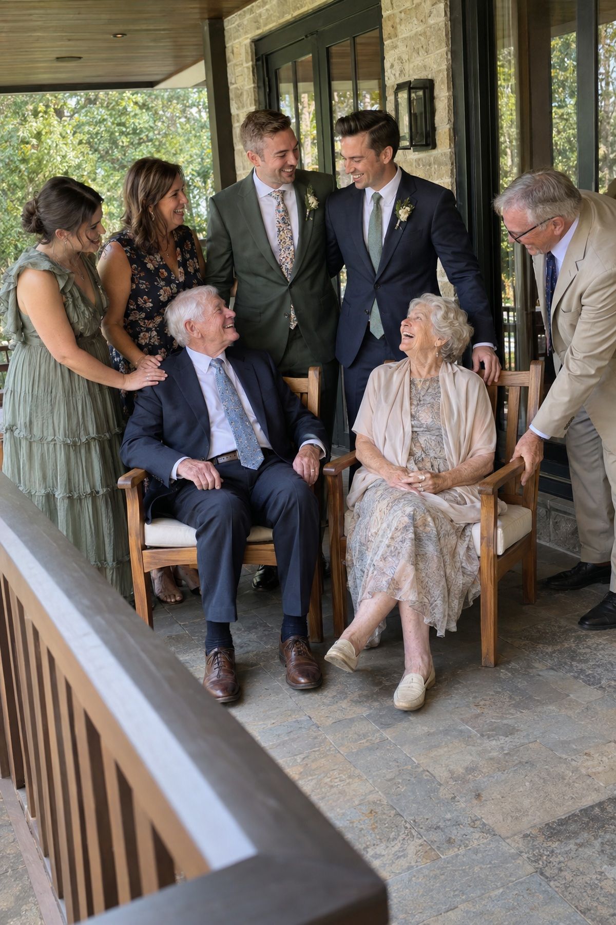 Two seated grandparents laugh with family during September wedding photos.