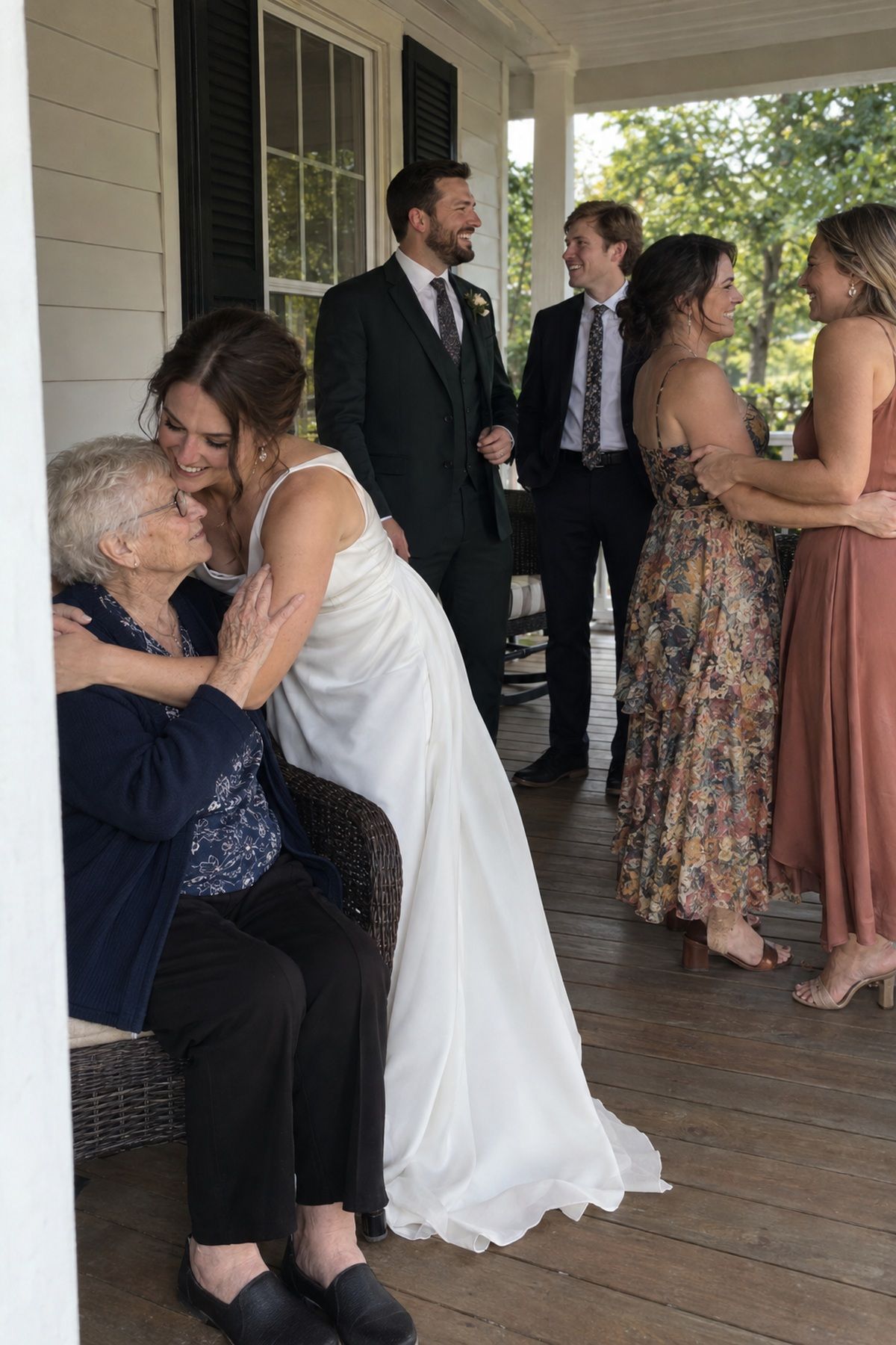 A bride hugs her grandmother while close friends reconnect at a small September wedding.