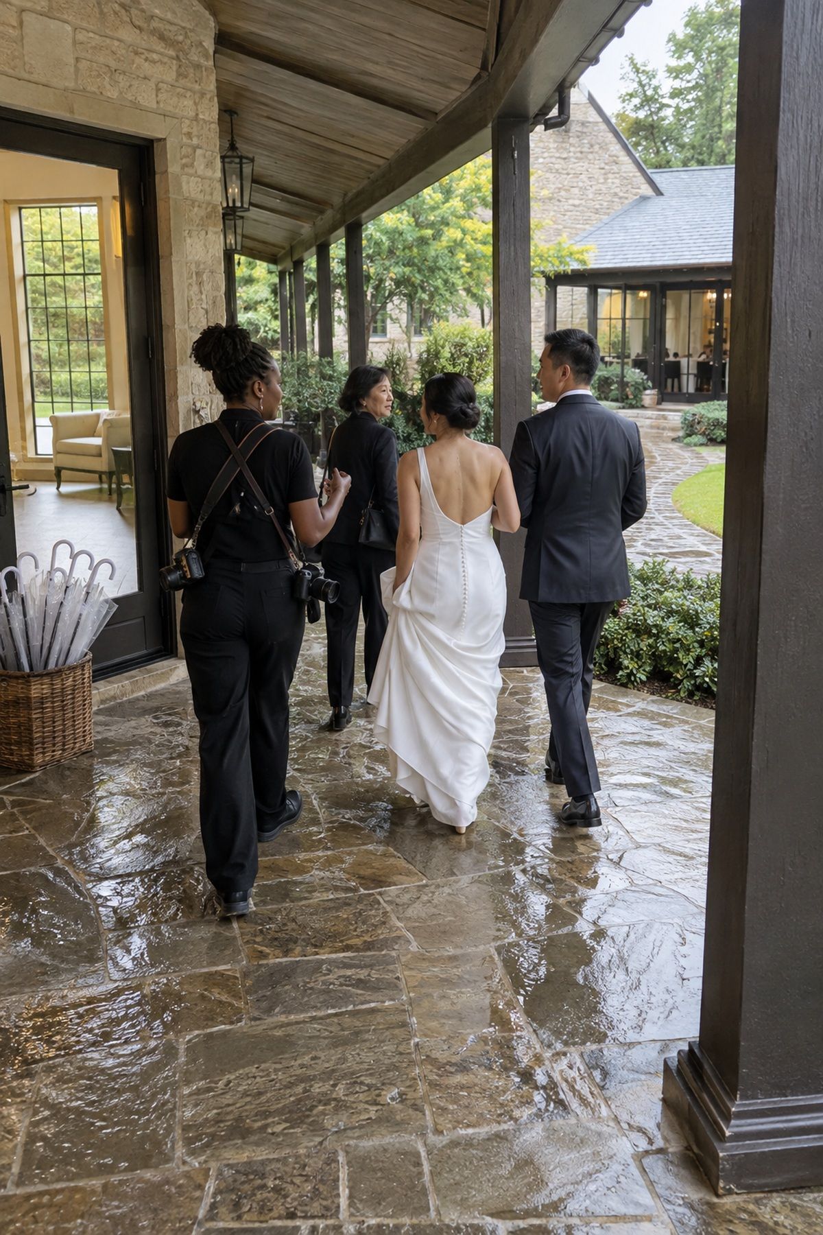 A couple and wedding team walk through a covered September rain-plan route.