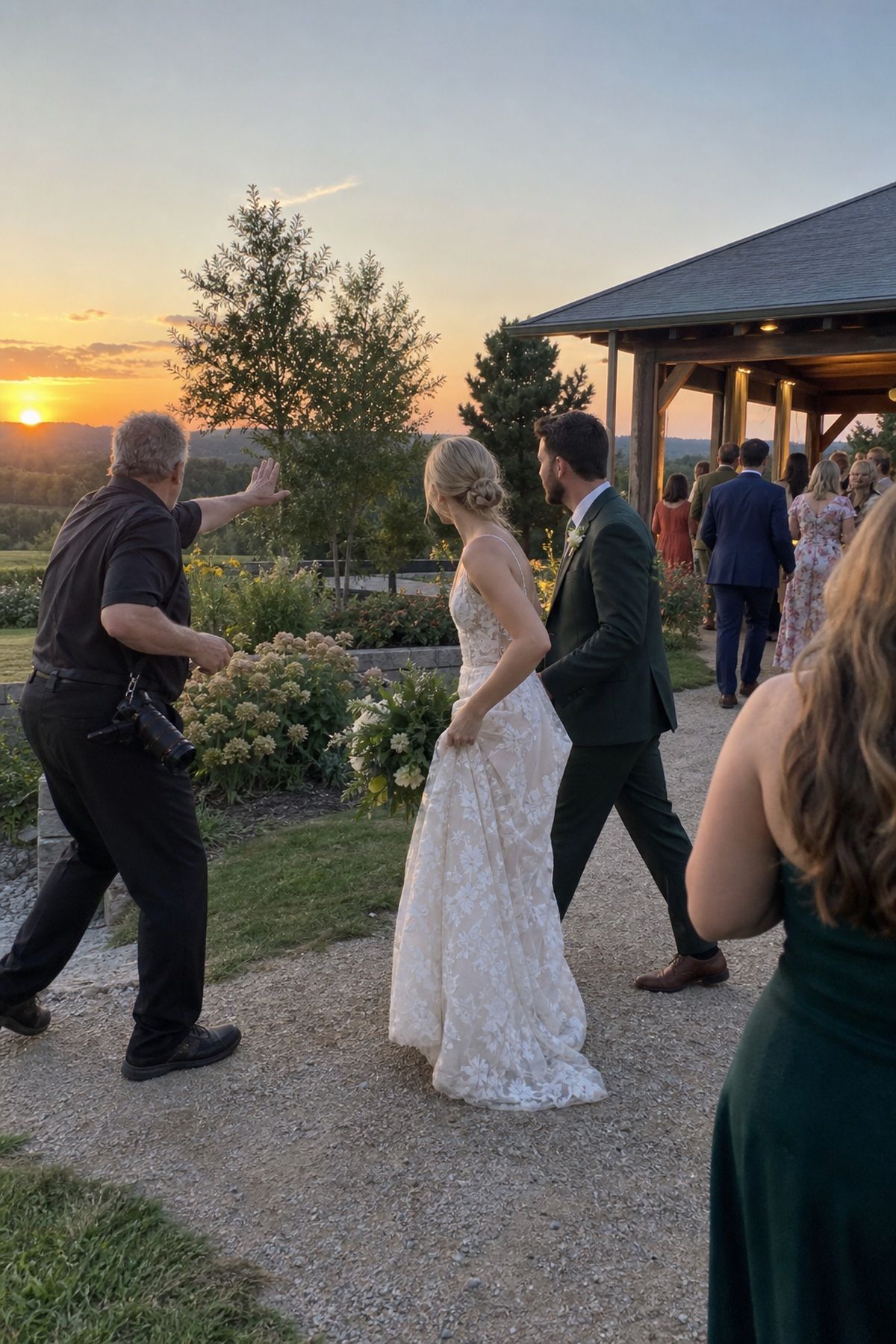 A photographer leads newlyweds toward the final daylight before a September reception.