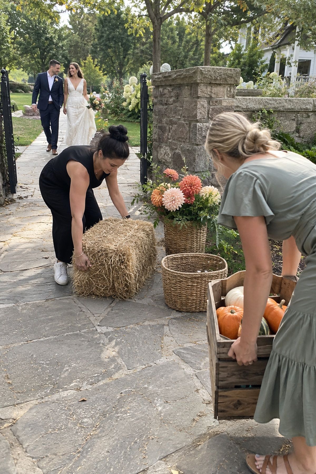 Wedding helpers remove extra autumn props from a September garden portrait path.