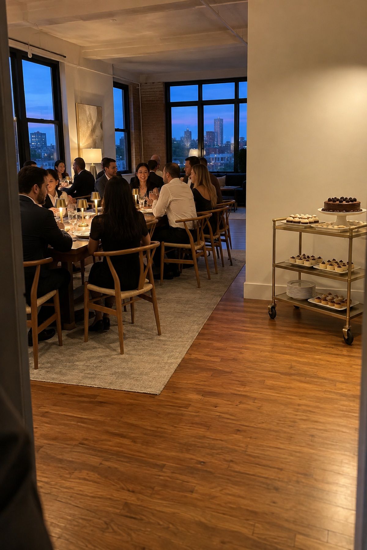 A full September wedding dinner room and a safely separated dessert trolley at blue hour.