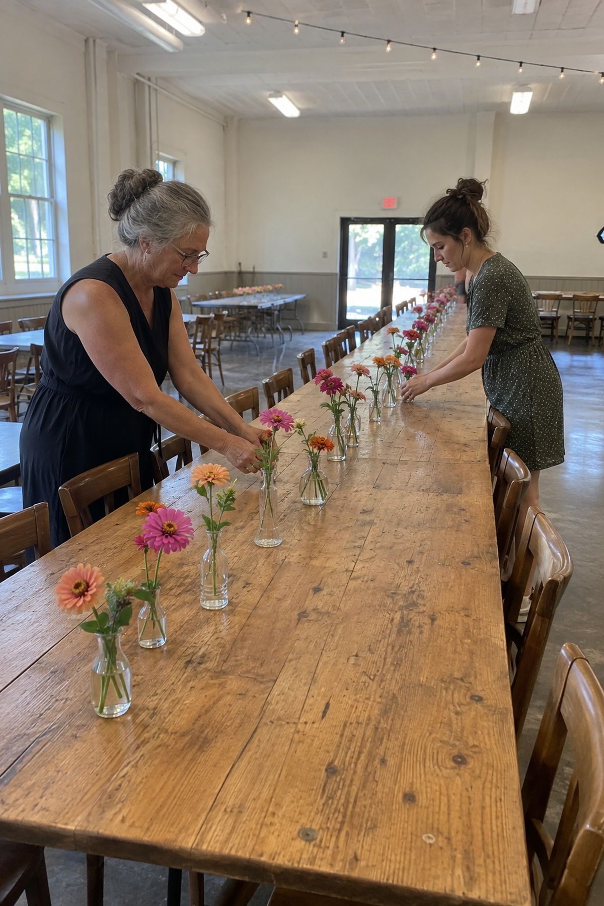 Friends arrange bud vases down the center of a long wooden wedding table.