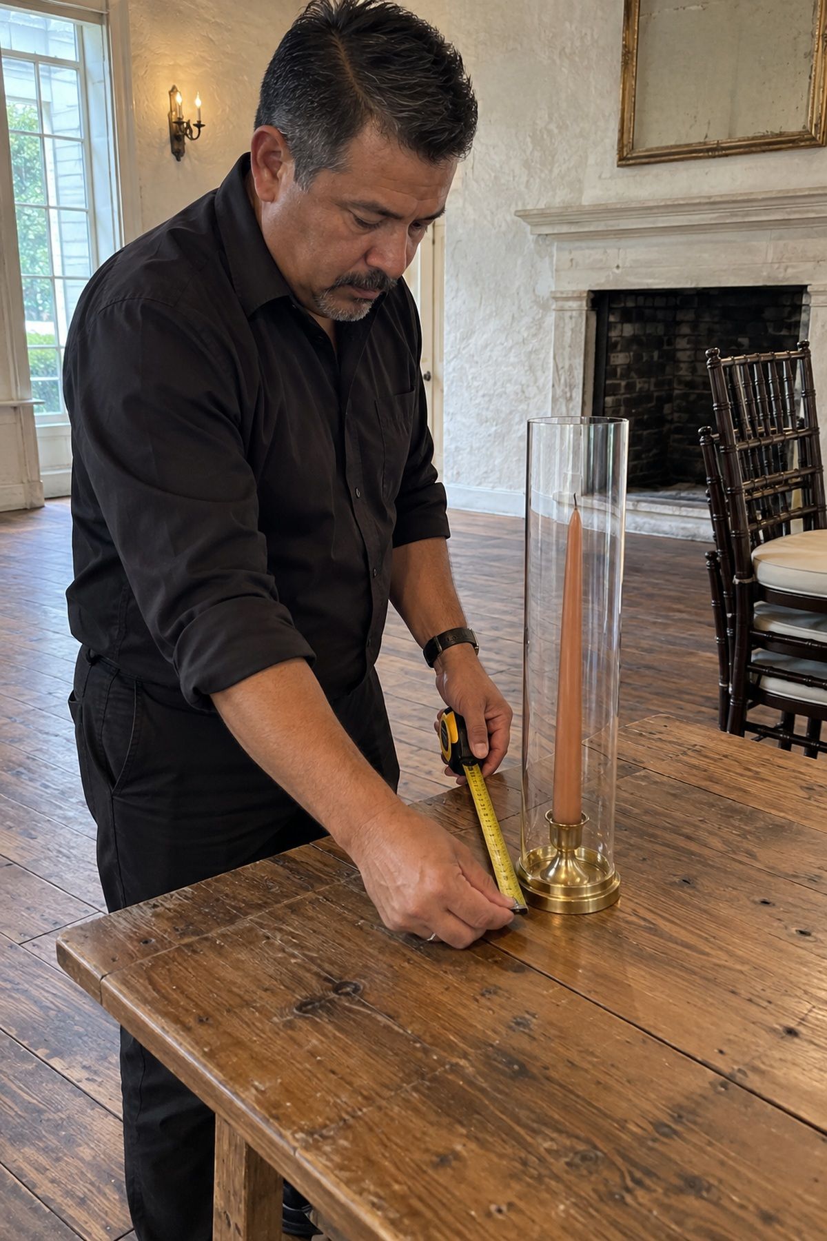 A venue coordinator measures a glass hurricane sleeve around an unlit taper candle.