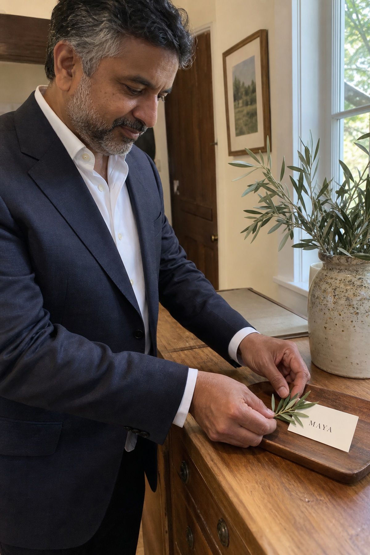 A guest tucks a small olive branch beneath a place card for Maya.