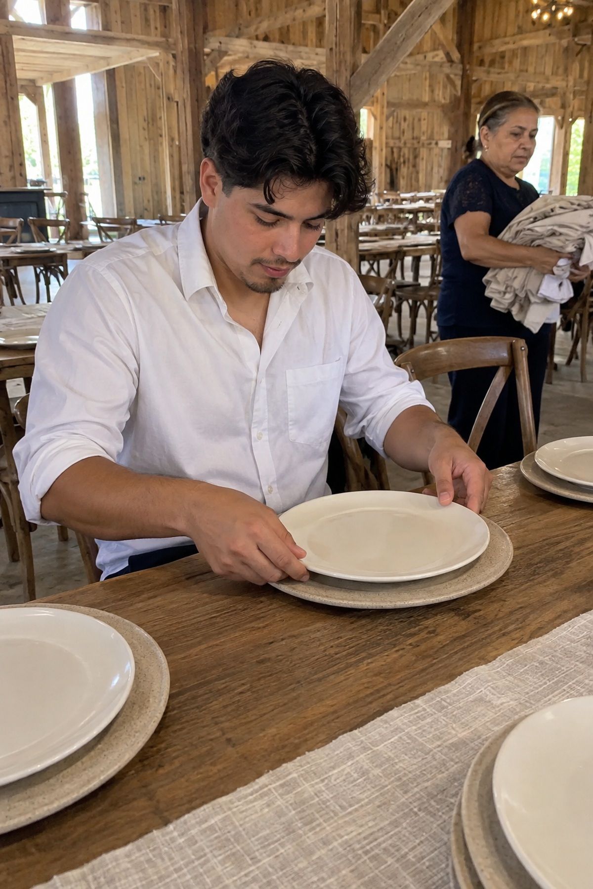 A guest centers a simple ivory plate over a handmade ceramic charger.
