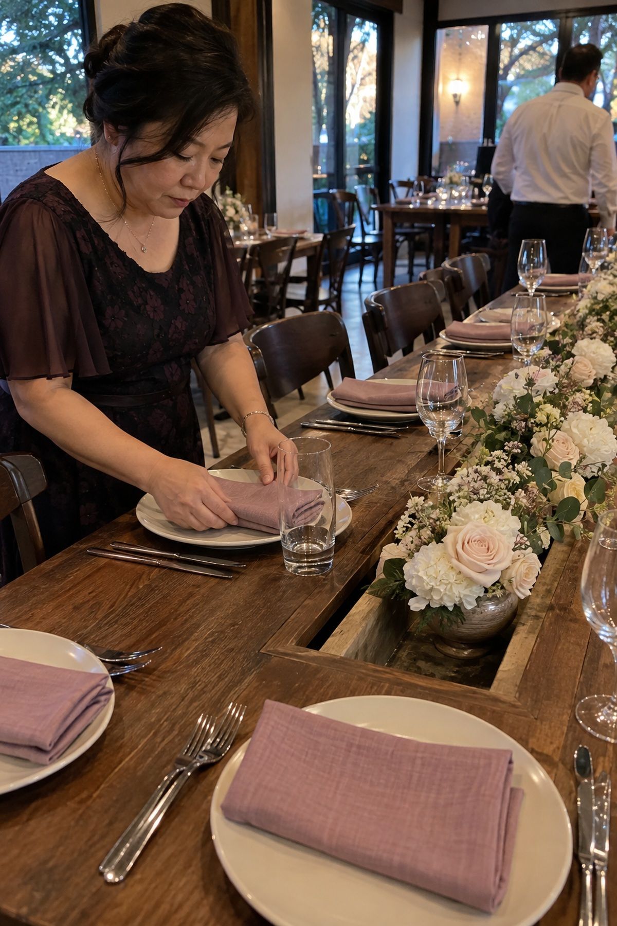 A guest adjusts mauve napkins beside low cream wedding flowers.