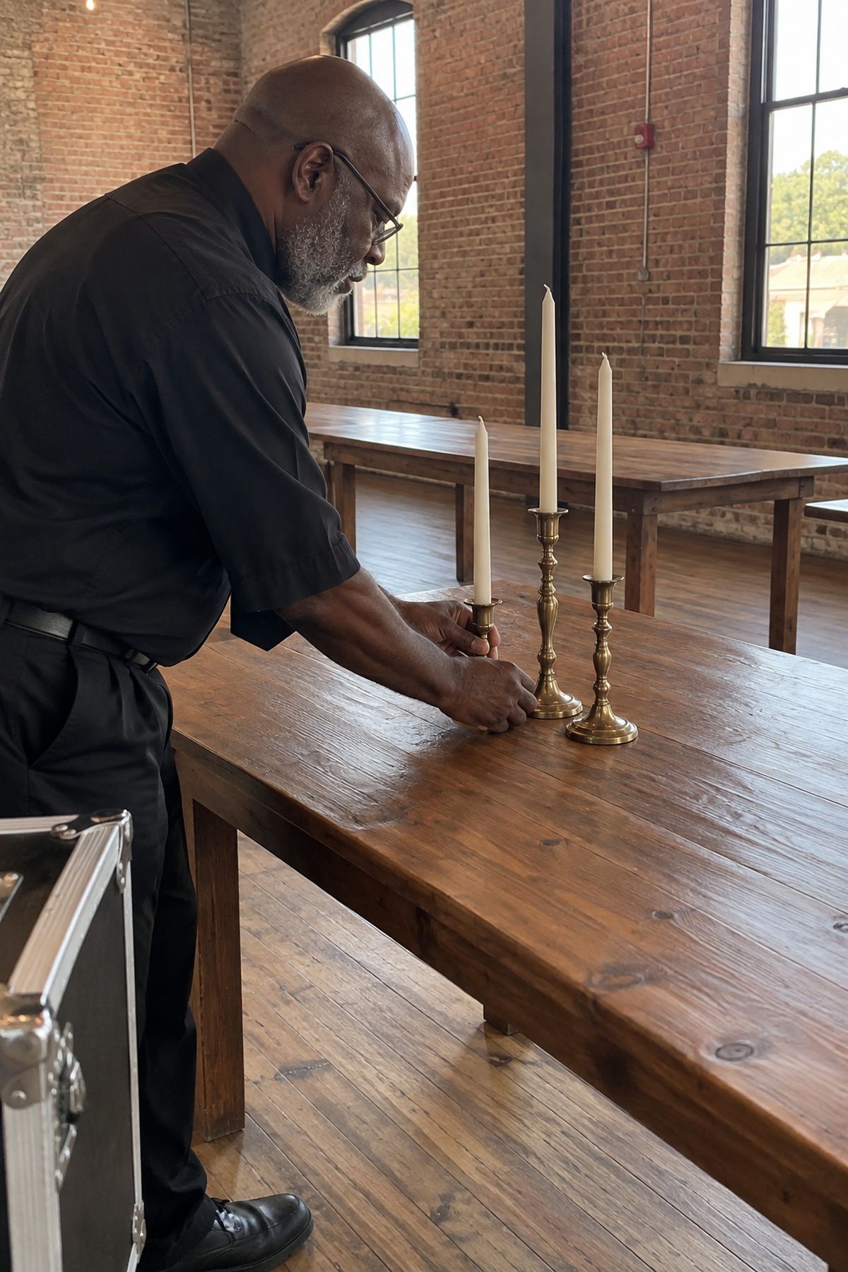 A coordinator arranges unlit brass candlesticks in three different heights.