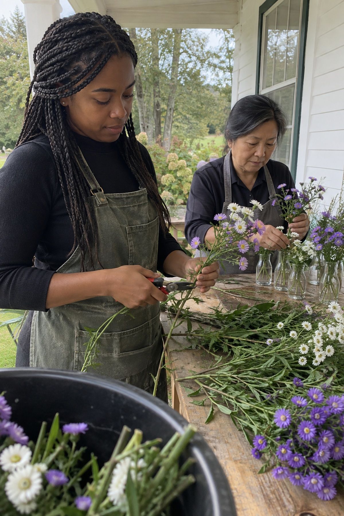 Florists trim September aster stems into clear glass bud vases.