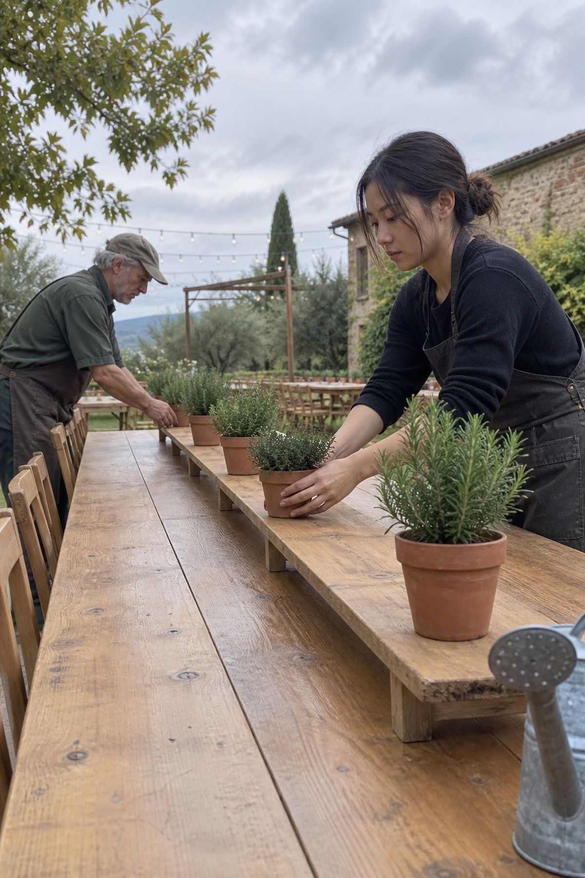 Wedding helpers arrange clay pots of rosemary and thyme on a raised table shelf.