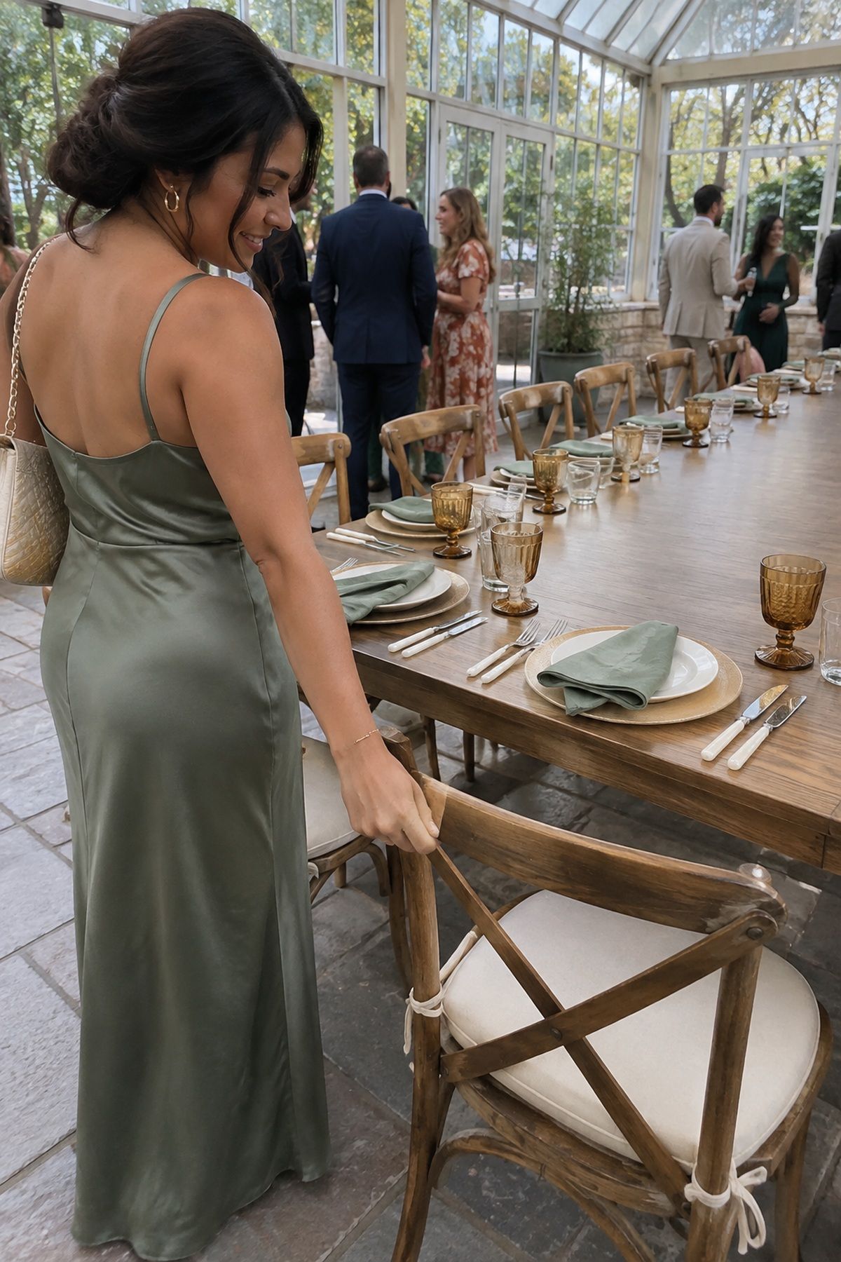 A guest arrives at a September wedding place setting with sage linen and amber glassware.