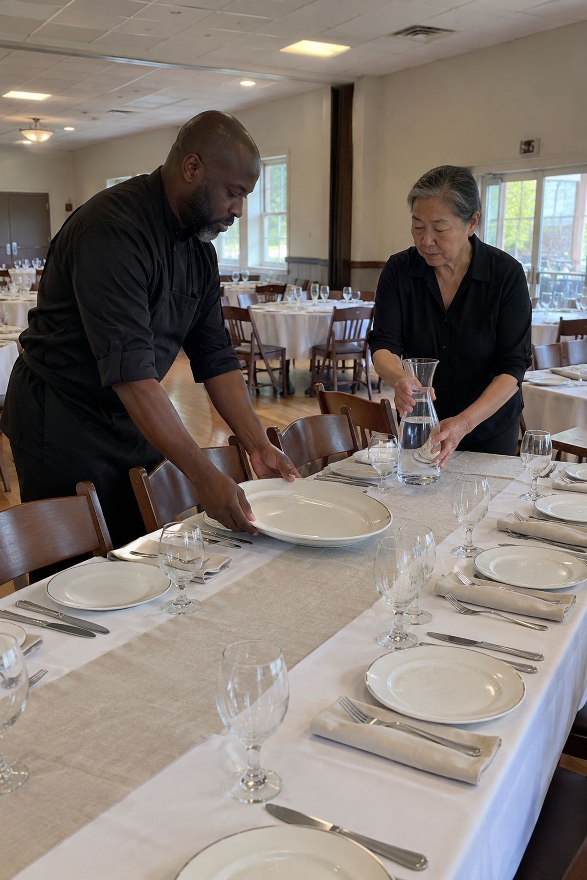 A caterer and coordinator test platter and water-carafe space on a wedding table.