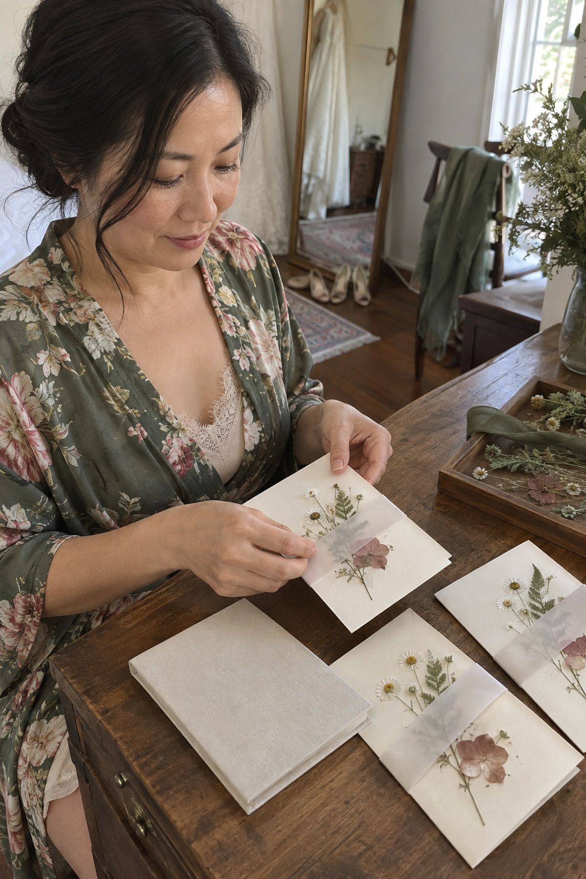 A friend assembles a September wedding stationery suite with real pressed flowers.