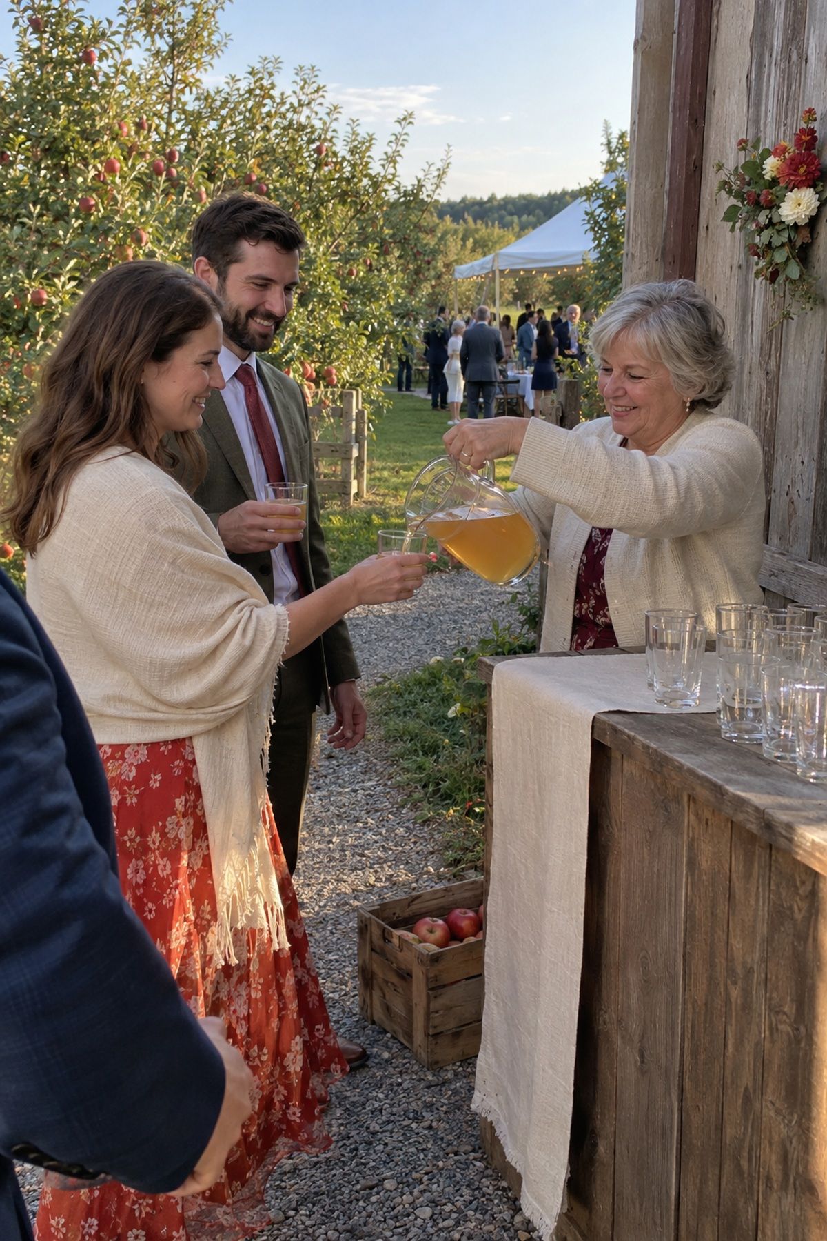 Guests receive cider spritzes during a relaxed apple-grove wedding welcome hour.
