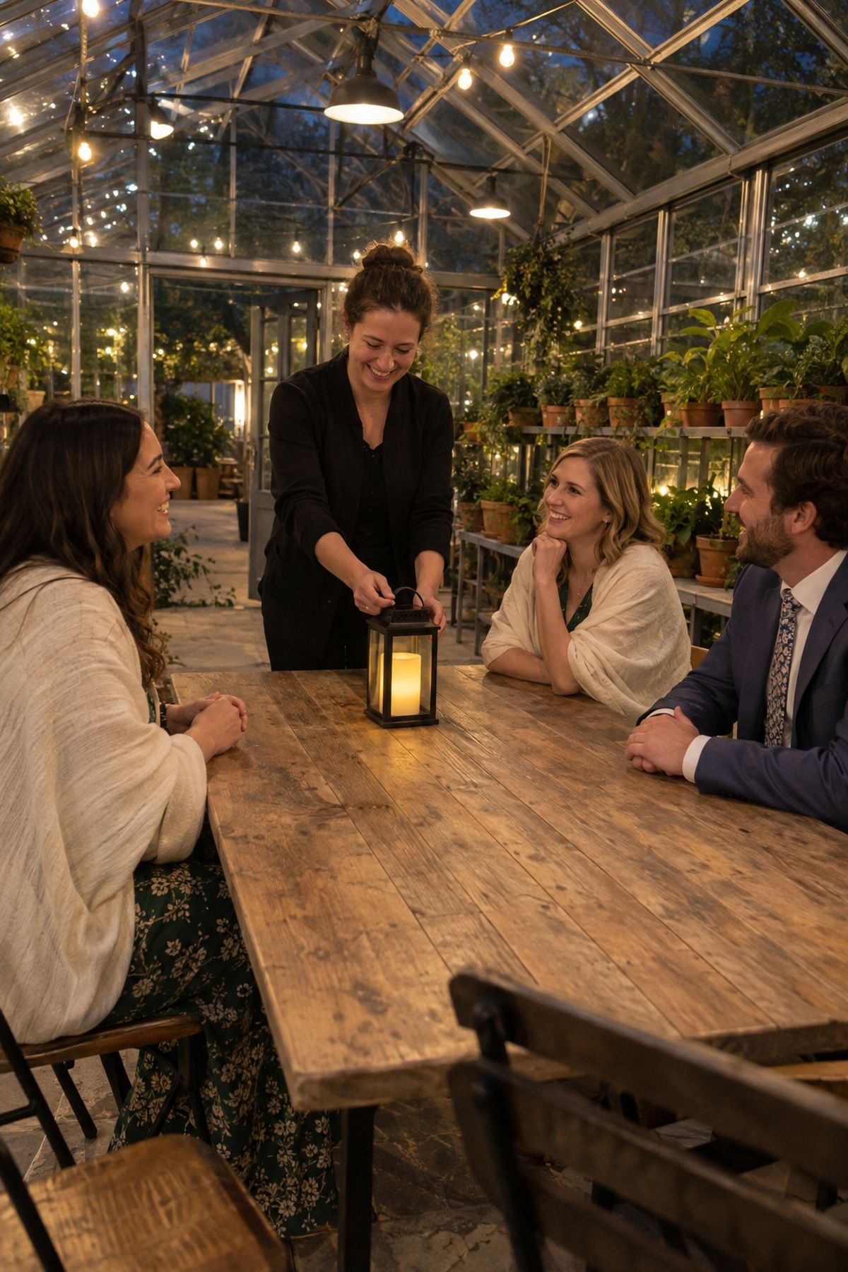 Guests gather around a battery-lit table during a small greenhouse wedding reception.