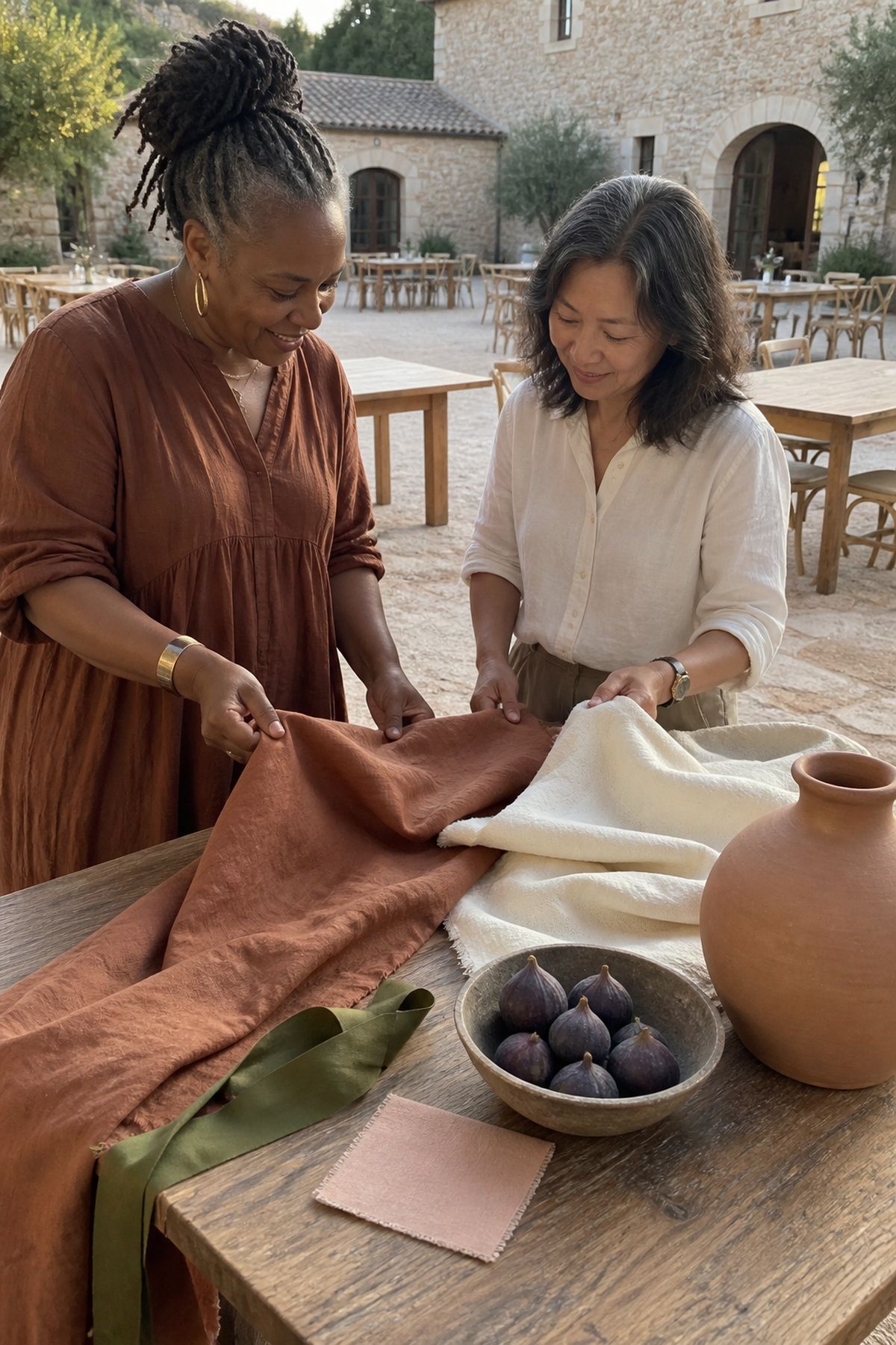 Friends compare terracotta, fig, cream, olive, and blush details for a September table story.