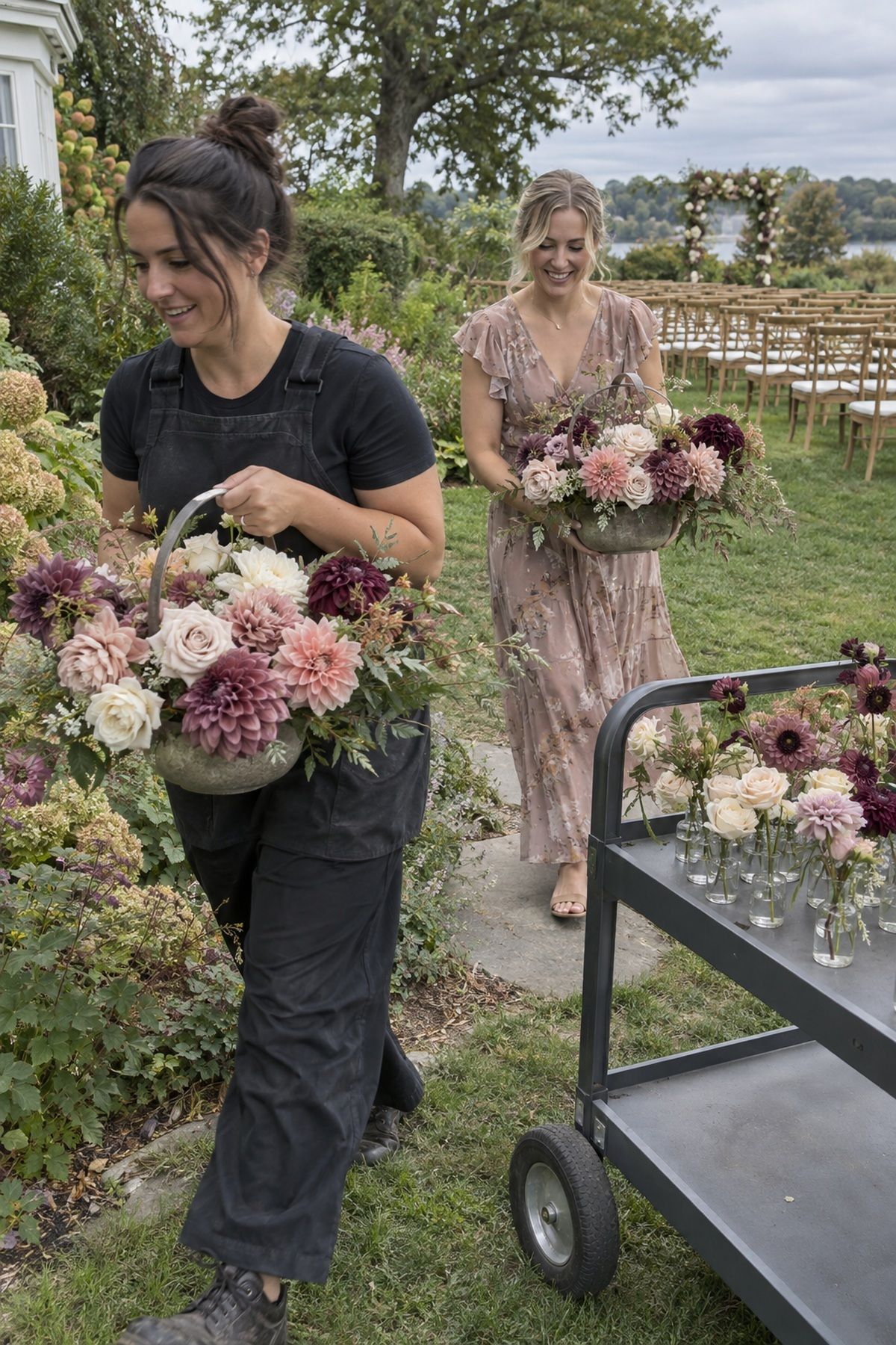 A florist and helper carry low September arrangements of dahlias and garden roses.